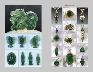 The Book of Moldavite sample page with pictures of Moldavite carvings and moldavite jewelry