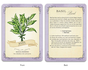 Card with basil plant illustration and text on both front and back