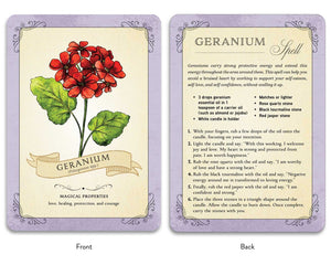 Two cards showing the front and back of a Geranium card with a red flower illustration and text.