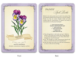 Card with pansy illustration and text on a purple border