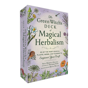 Card deck packaging for 'The Green Witch's Deck of Magical Herbalism' with herbal illustrations on a white background.