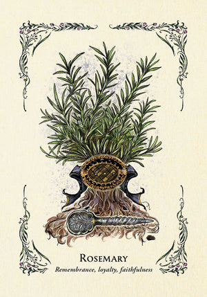 The Green Witch's Oracle Deck sample card "ROSEMARY - Remembrance, loyalty, faithfulness"