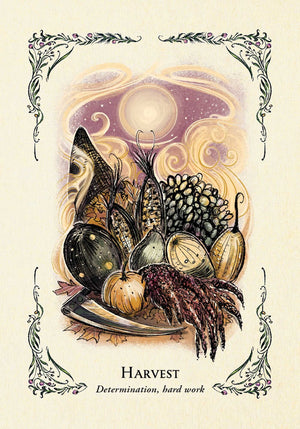 The Green Witch's Oracle Deck sample card "HARVEST - Determination, hard work"