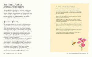 Book page with text on bee intelligence and relationships, featuring a small bee and flowers illustration in bottom right corner.