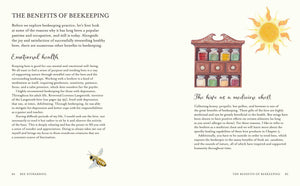 Page from a book about beekeeping benefits with text and illustrations of jars and a sun.