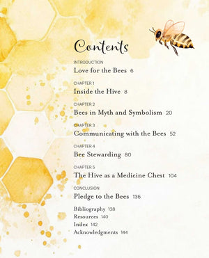 A book page titled 'Contents' with a table of chapters and page numbers on a warm off-white background with a watercolor honeycomb and bee design.