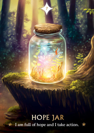 Wishcraft Oracle - sample card picture of glowing jar in forest "HOPE JAR: I am full of hope and I take action."