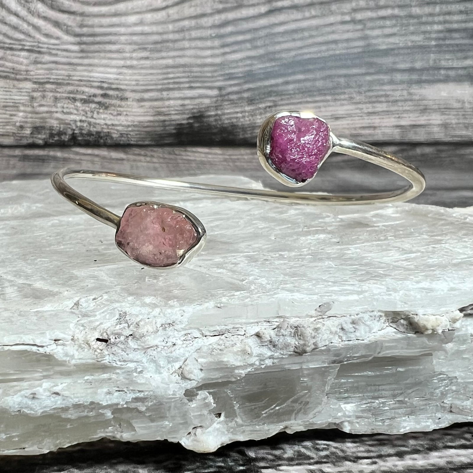 Ruby and Rose Quartz - Flexible Sterling Silver Bracelet