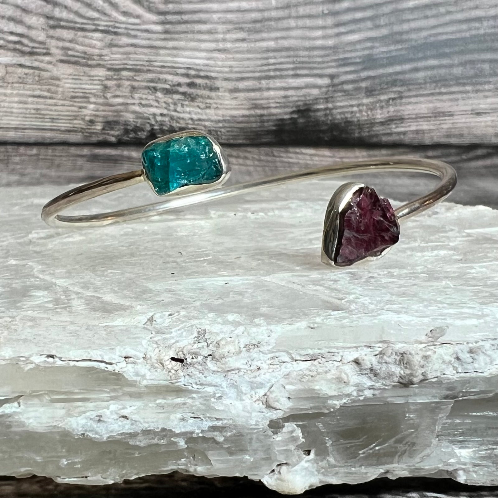 Garnet & Blue Apatite - Flexible Sterling Silver Bracelet