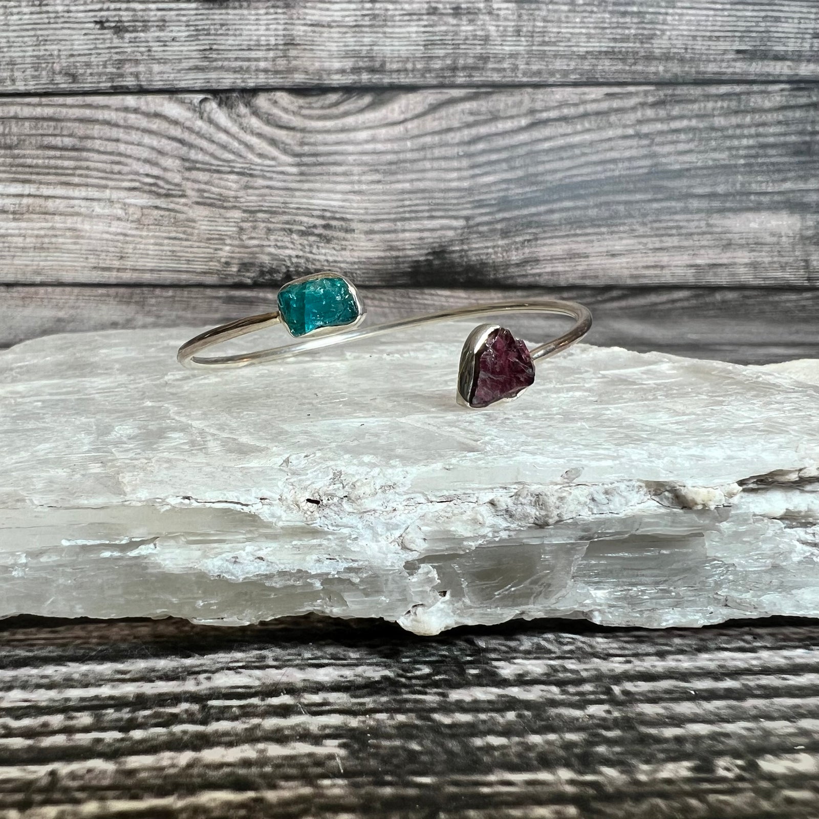 Garnet & Blue Apatite - Flexible Sterling Silver Bracelet