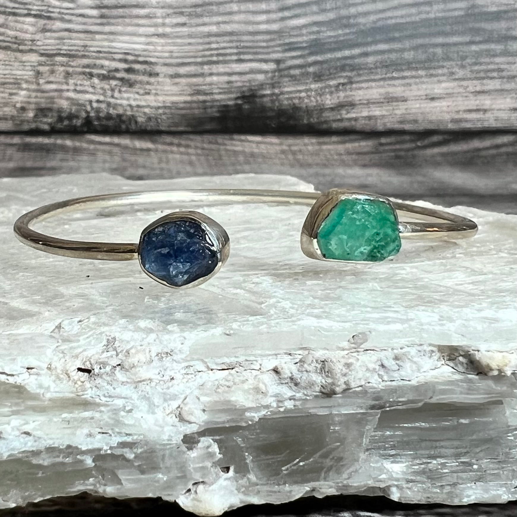 Blue Sapphire & Emerald - Flexible Sterling Silver Bracelet