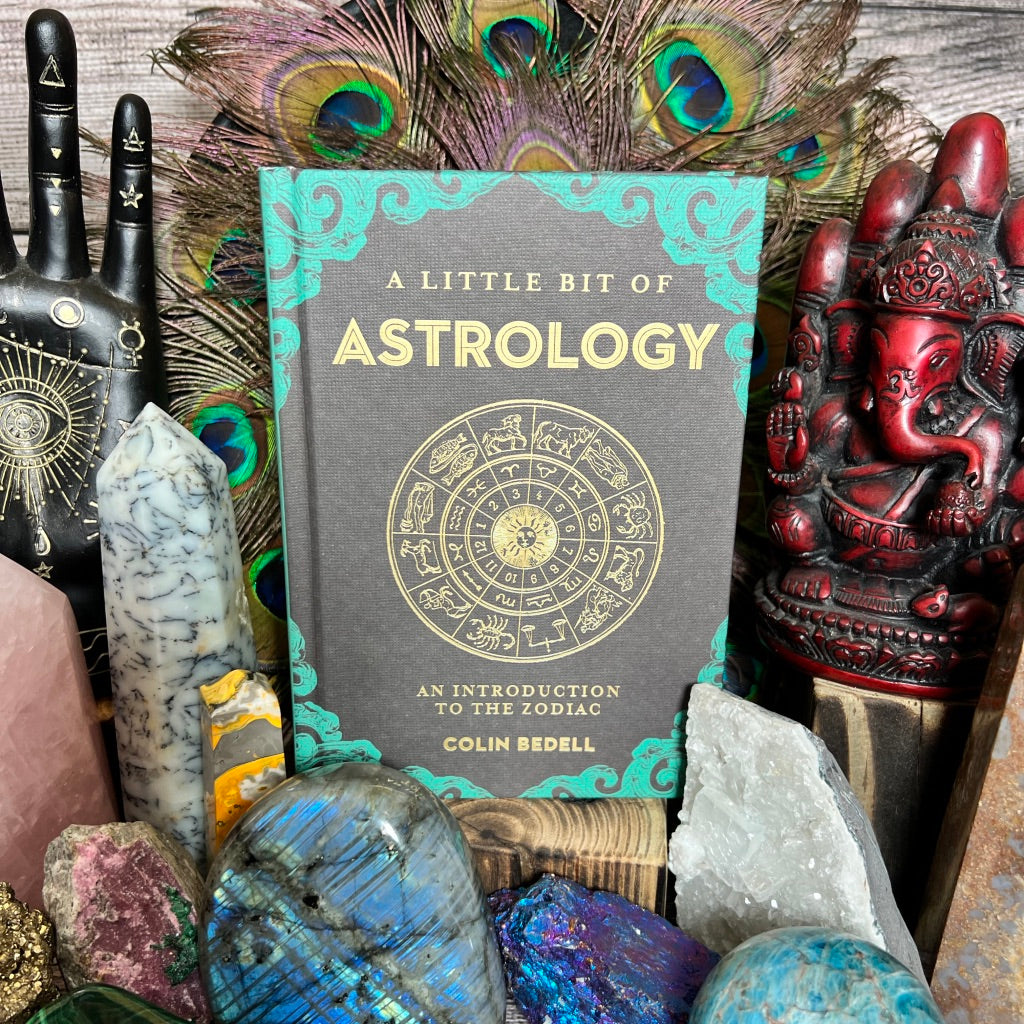 A book titled 'A Little Bit of Astrology' is displayed among various astrological-themed items, including crystals, feathers, and a statue of a goddess.