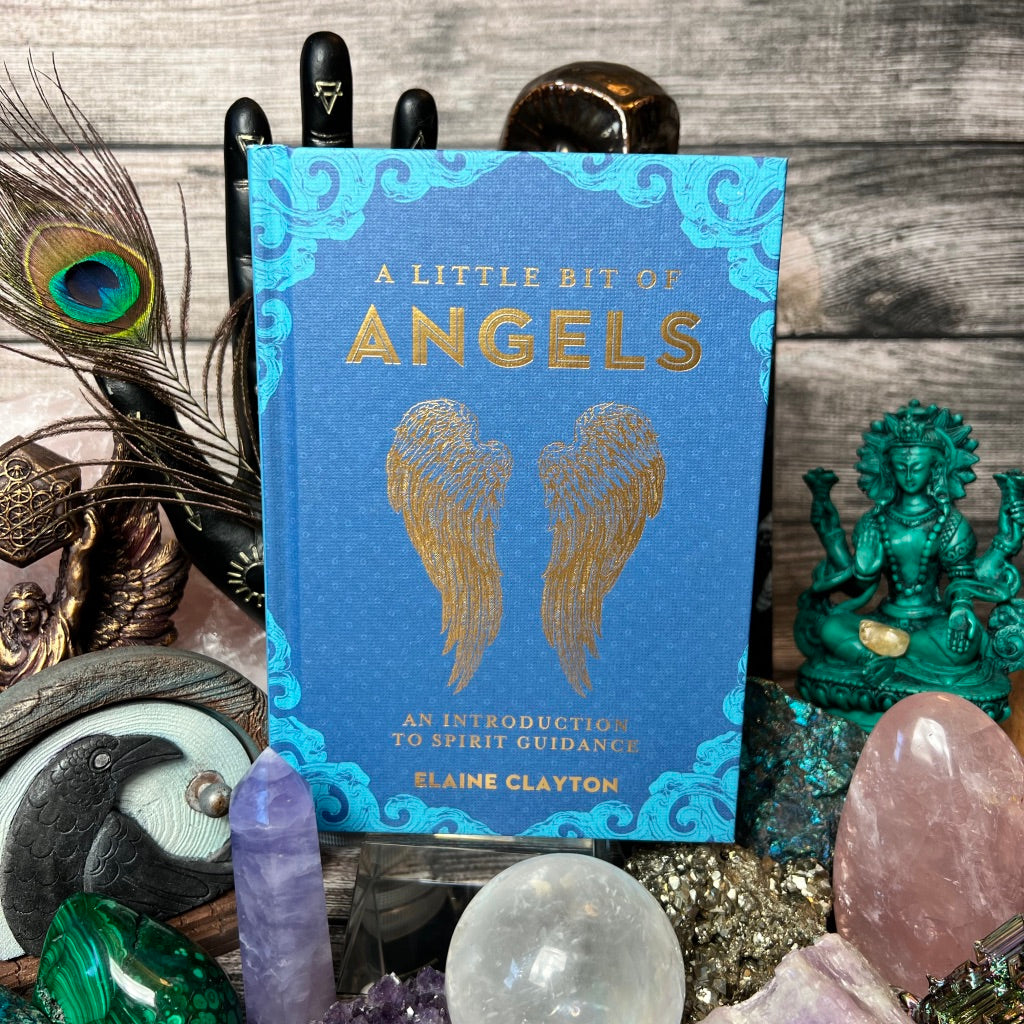 A book titled 'A Little Bit of Angels' by Elaine Clayton, featuring an image of angel wings on the cover, displayed among various spiritual and metaphysical items.