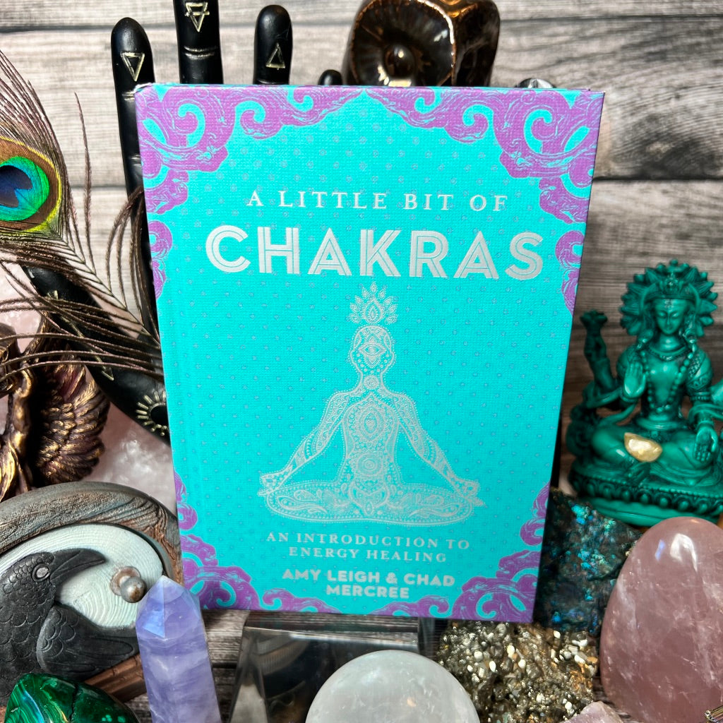 A book titled 'A Little Bit of Chakras' is displayed with a background of various spiritual and metaphysical items.